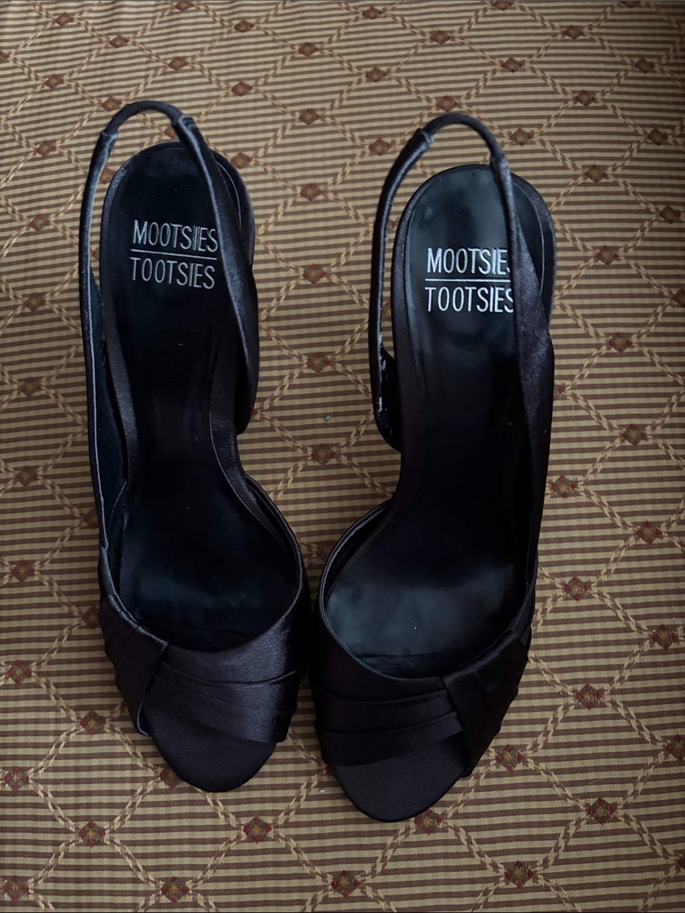 Mootsies Tootsies Black Satin Peep-Toe Slingback Heels